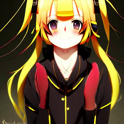 Image similar to the portrait of a kagamine rin, she smiles sweetly, her hair and eyes shines from the spotlights, digital art, anime, trending on pixiv