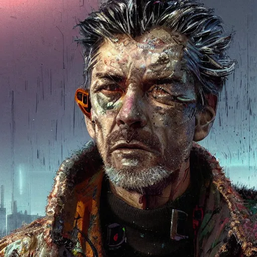 Image similar to cyberpunk, closeup portrait of a shaggy old cyberpunk fence, bald, tired eyes, tattered tweed jacket, dramatic light, city background, sunset, dystopian setting, high contrast, sharp, neuromancer, the finn, painted by stanley lau, painted by greg rutkowski, painted by stanley artgerm, digital art, trending on artstation