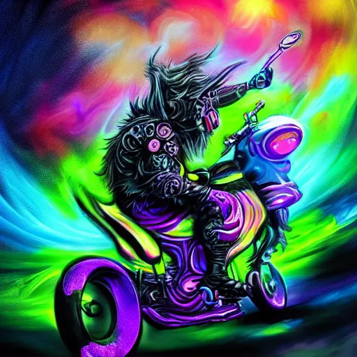 Prompt: psychedelic blacklight airbrush artwork, hyper stylized action shot of a menacing orc riding a motorcycle, hyper detailed ultra sharp, colorful soft airbrushed artwork, black background, digital painting, smooth, sharp focus, cgsociety, artstation