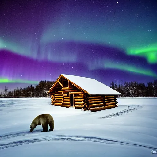 Prompt: log cabin in an icy polar scene, polar bear walking past, lit by bright aurora borealis, by john avon