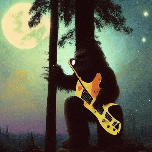 Prompt: UHD photorealistic Bigfoot playing electric guitar under a full moon, by Greg Rutkowski and Albert Bierstadt