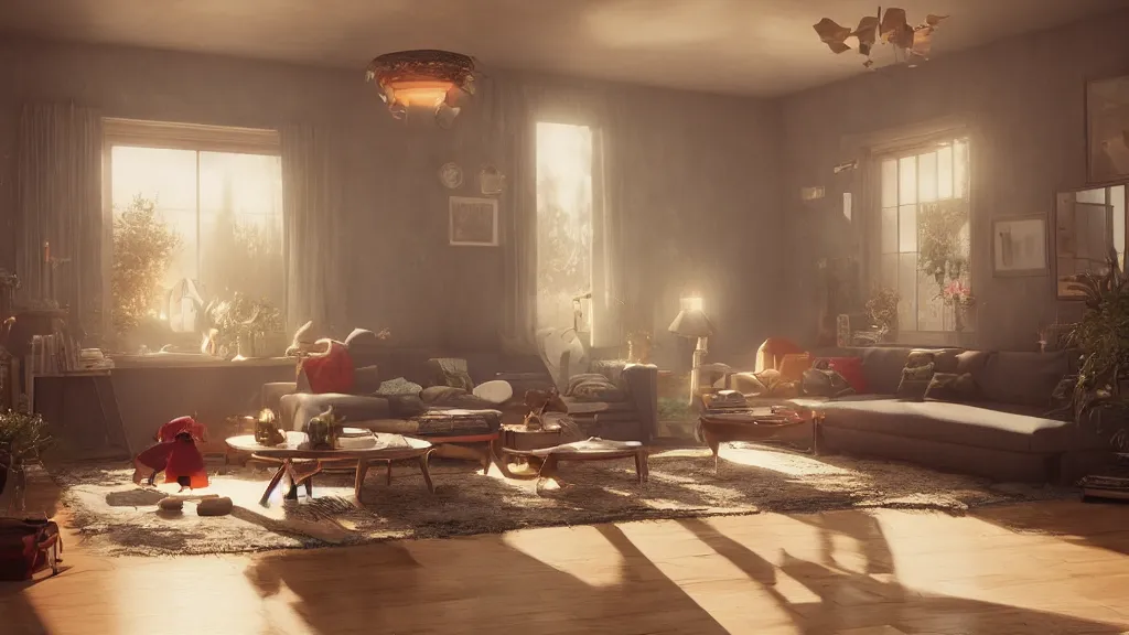 Image similar to a photorealistic hyperrealistic render of an interior of a beautifully decorated cozy living room by pixar, greg rutkowski, wlop, artgerm, dramatic moody sunset lighting, long shadows, volumetric, cinematic atmosphere, octane render, artstation, 8 k