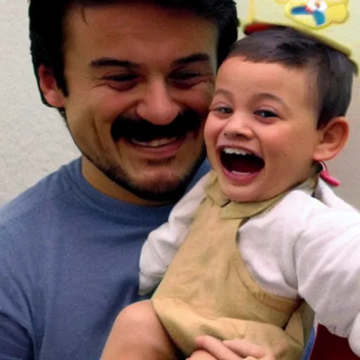 Image similar to super mario smiling while holding a screaming crying kid in his arms