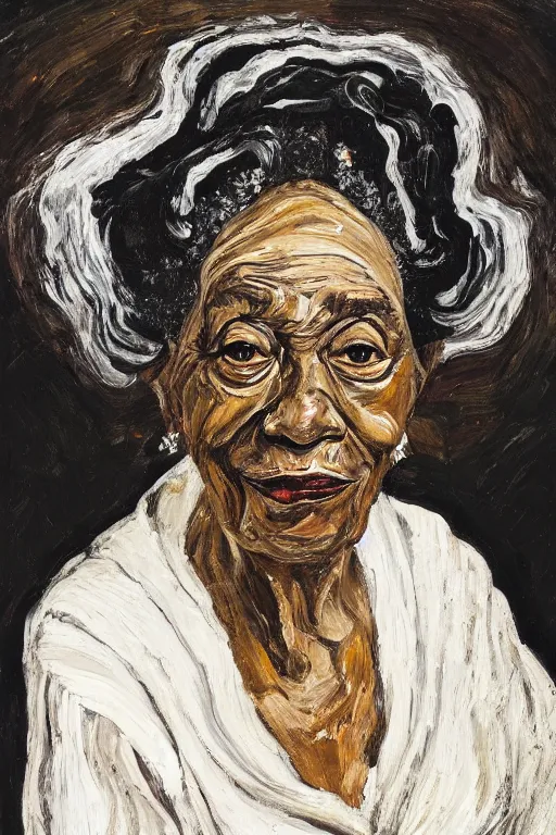 Image similar to a painted portrait of an elderly black lady with grey curly hair, wearing a crown and clothing of Queen Elizabeth the second, painted by Lucian Freud, oil on canvas, expressive, impasto