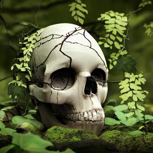 Prompt: a beautiful cracked skull sitting in the middle of the woods with vines and flowers growing from it’s cracks, photorealistic, 8k