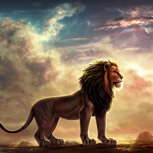 Image similar to the ancient world, hyper complexity, highly detailed, cinematic lighting, pastel colored sunrise, flying robotic lions with gold metal huge wings on the back in the sky, sharp outlines, complete whole lion body, another sleeping lion face in the clouds watching each other, hyperrealistic, trending on pixiv fanbox, love death robot,