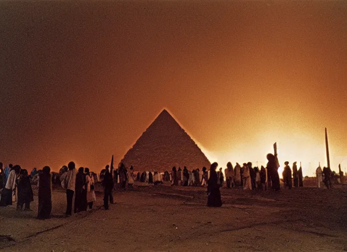 Prompt: people looking at pyramid burning in Cairo, film grain, andrei tarkovsky, evening