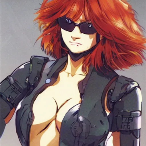 Image similar to chubby beautiful redhead nerd with thick eyebrows, yoji shinkawa