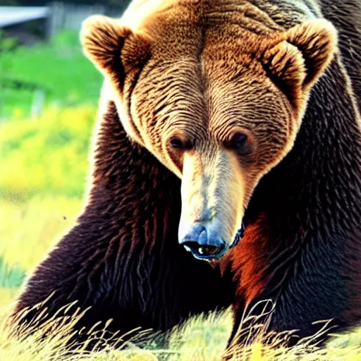 Image similar to a ferocious grizzly bear. The bear is wearing shorts on his legs!