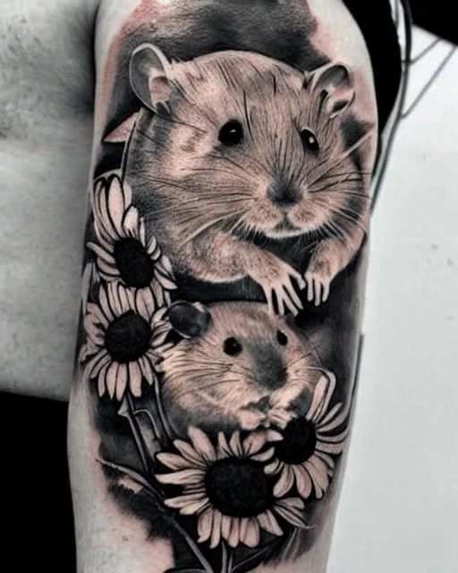 Image similar to creative double exposure effect tattoo design sketch of a hamster with a sunflower, realism tattoo, in the style of matteo pasqualin, amazing detail, sharp