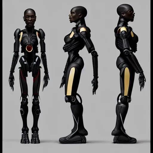 Prompt: A black cyborg, weta digital character model sheet turnaround, studio, trending in Artstation, official media, 4K HD, by THX 1138 and George Lucas and Alphonse Mucha and Artgerm and zaha hadid and santiago calatrava