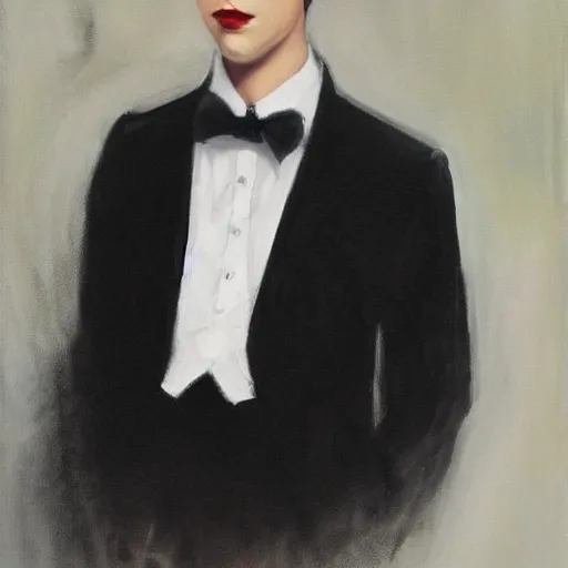 Prompt: 1 6 year old black suit white shirt, black bowtie, black haired royal garment man, determined, fearless, sharp looking portrait, oil painting