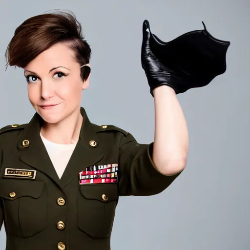 Image similar to brunette woman, short hair, flipped out hair, black military uniform, smirk, propaganda