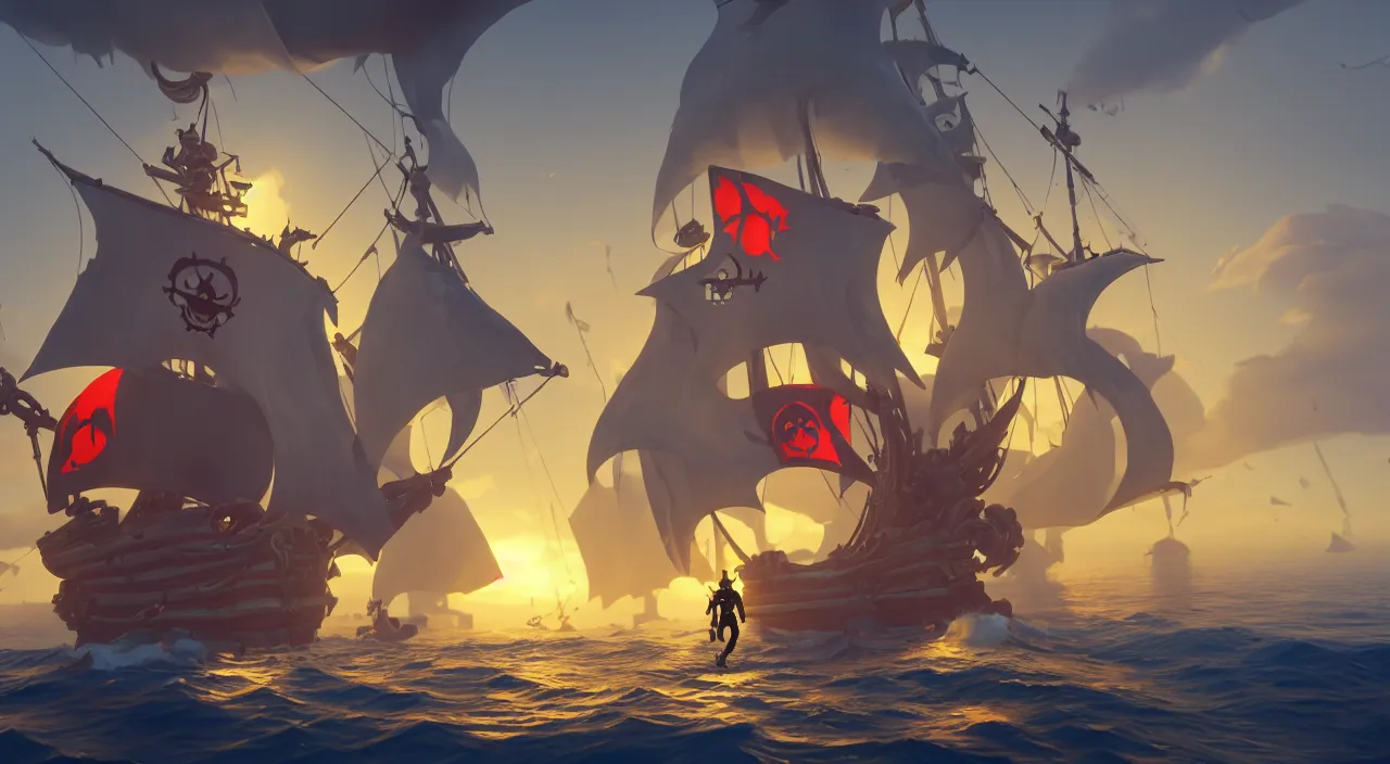 Prompt: a wide shot of a 3d cartoon pirate standing on the front of the ghost ship with the Jolly Roger flag in the middle of the ocean, volumetric lighting, fantasy art overwatch and heartstone, by RHADS, cgsociety, matte painting, artstation hq, octane render, 8k, 3D CGI game art