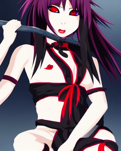 Prompt: beautiful female asian vampire ninja showing her fangs, in a menacing pose, anime key visual, clean linework