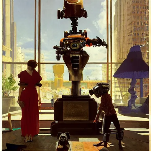 Prompt: (GTA V) Frenetic domesticity, with a parent and child and robot dog in the center, surrounded by futuristic items of convenience. The colors are muted-neon and calming, serine complacency. By Ellen Jewett, by Lawrence Alma-Tadema, realistic