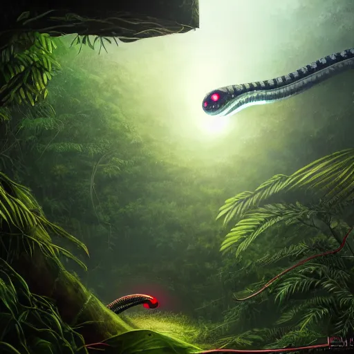 Image similar to robot snake in the middle of the jungle spying enemy country, red glowing eyes, dense jungle, middle of night, hd, uhd, 8 k, noise, illustration, sharp focus, detailed, sharpen, artstation, elegant, highly detailed, fantasy, futuristic