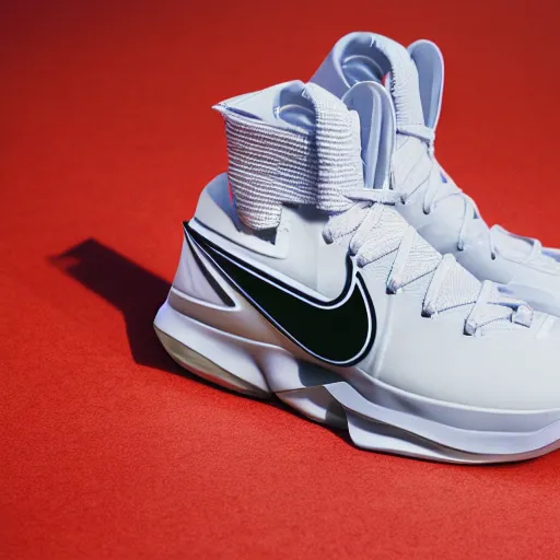 Image similar to a studio photoshoot of A Nike Lebron sneaker designed by Virgil Abloh, mesh fabrics, Off-White, realistic, color film photography by Tlyer Mitchell, 35 mm, graflex