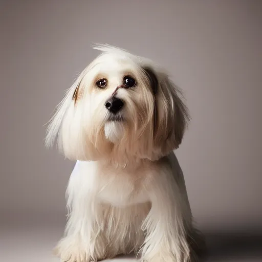 Image similar to cream - colored havanese dog as beyonce, fashion photography, studio lighting