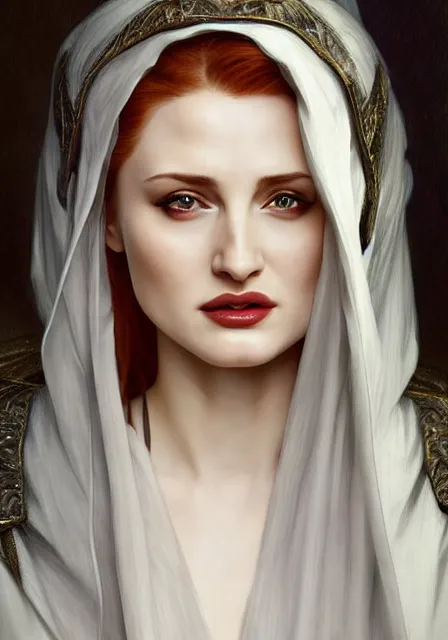 Prompt: sansa angeline jolie gessica chastain vampire teeth white skin, intricate, elegant, highly detailed, digital painting, artstation, concept art, smooth, sharp focus, illustration, art by artgerm and greg rutkowski and alphonse mucha and william - adolphe bouguereau