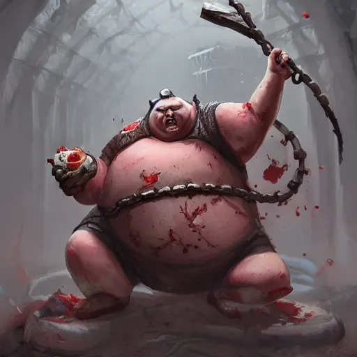 Prompt: a fat fleshy abomination butcher holding a cleaver and a hook hand, multiple arms, chained hook, cleaver knife, meats on the ground, in the style of greg rutkowski, fantasy rpg, league of legends