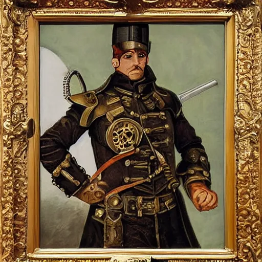 Image similar to steampunk soldier, renaissance aristocratic painting