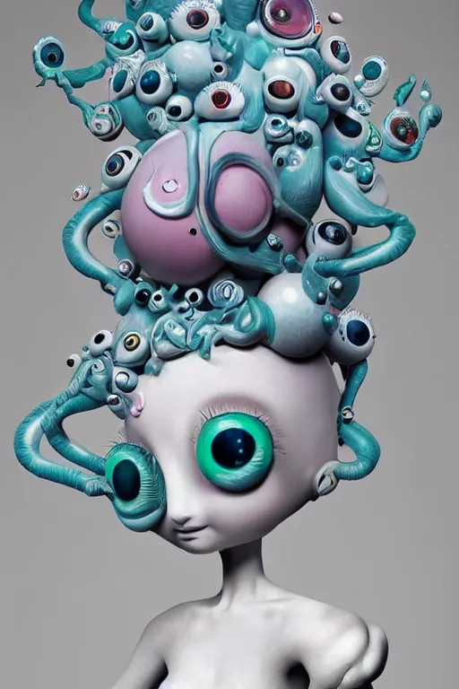 Image similar to 3 d full head and shoulders beautiful white porcelain woman with colourful big eyeballs all through her hair, ornate detailed hair, 3 d swirling hair by theodor seuss geisel and daniel arsham and xiang duan, simon stalenhag john waters, dr seuss kim jung gi, on a white background