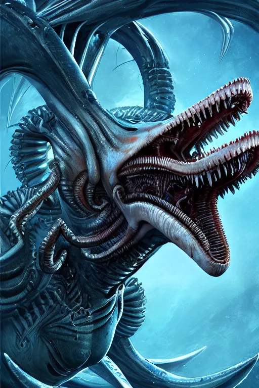 Prompt: underwater xenomorph alien mixed with sharks extra teeth, tentacles, emerging from labyrinth, highly detailed, digital painting, artstation, concept art, smooth, sharp focus, illustration, unreal engine 5, 8 k, art by david levy and carlos huante and ifbb pro fitness photograph