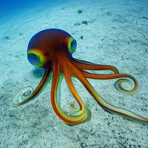 Prompt: rare glass octopus with a clear body seen swimming near the phoenix islands in the pacific ocean. the entire octopus is clear except for its optic nerve, eyeballs and digestive tract. 😵🤯