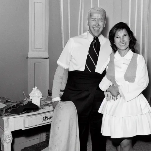 Prompt: a photograph of joe biden wearing a maid outfit