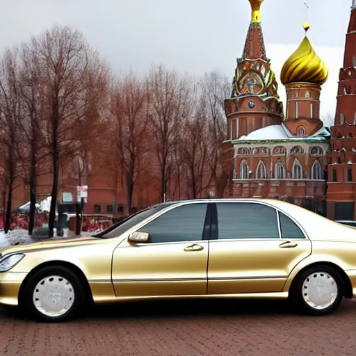 Image similar to gold Mercedes-Benz s500 long in the body 220 (w220) 2002 old year is located on the red square in Moscow