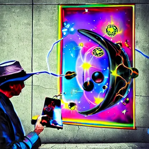 Image similar to A street art. A rip in spacetime. Did this device in his hand open a portal to another dimension or reality?! dark black by Peter Max gloomy, CGI