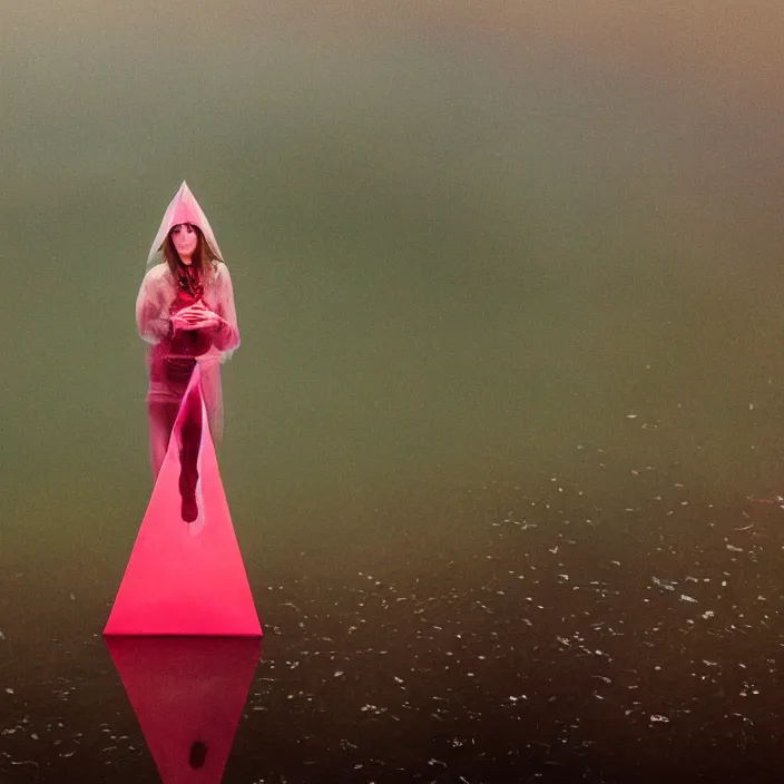 Image similar to a closeup portrait of a woman wrapped in plastic, standing next to a levitating ruby triangle, in a foggy pond, color photograph, by vincent desiderio, canon eos c 3 0 0, ƒ 1. 8, 3 5 mm, 8 k, medium - format print