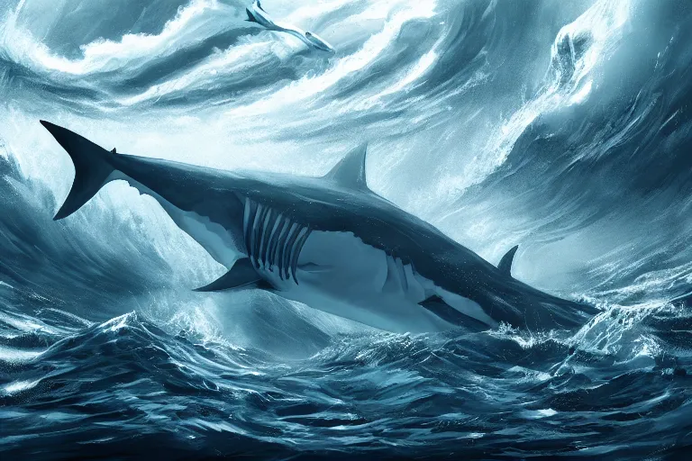 Prompt: giant shark in a huge whirlpool, concept art, digital painting, trending on artstation, highly detailed, epic composition, 8 k uhd