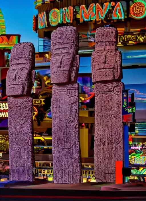 Image similar to legions of moai levitating over las vegas casinos in the style of alex grey