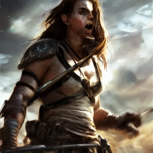 Prompt: emma watson proud muscular female turkish warrior in battlefield yelling fighting armies, portrait by Cedric Peyravernay, highly detailed, excellent composition, cinematic concept art, dramatic lighting, trending on ArtStation, cinematic film by Stanley Kubrick and Mel Gibson Braveheart