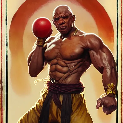 Image similar to tiny lister as dhalsim street fighter, jump kick, 4 k, ultra realistic, detailed focused art by artgerm and greg rutkowski and alphonse mucha