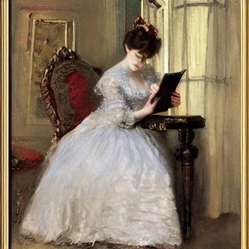 Prompt: young victorian lady in ball gown reading a book, painted by alfred stevens