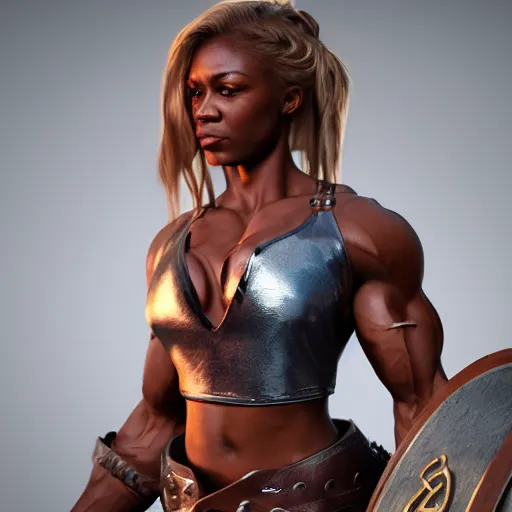 Image similar to a handsome bodybuilder viking girl with african american, clash royal style characters, unreal engine 5, octane render, detailed, cinematografic, cinema 4 d, artstation trending