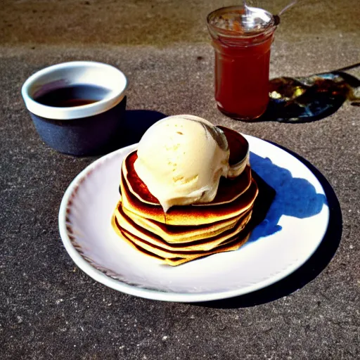 Prompt: close up 20mm shot of a stack of pancakes, maple syrup, ice cream, cherry on top, photo taken on pentax camera, cafe table, sun rays and caustic shadows from an ice cream sundae, warm sunshine, well lit