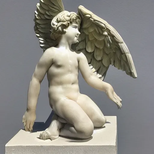 Prompt: marble angel statue with puffed cheeks breathing fire, realistic