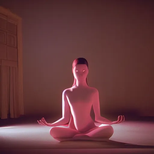 Prompt: movie scene of a girl meditating, movie still, cinematic composition, cinematic light, criterion collection, reimagined by industrial light and magic, Movie by David Lynch