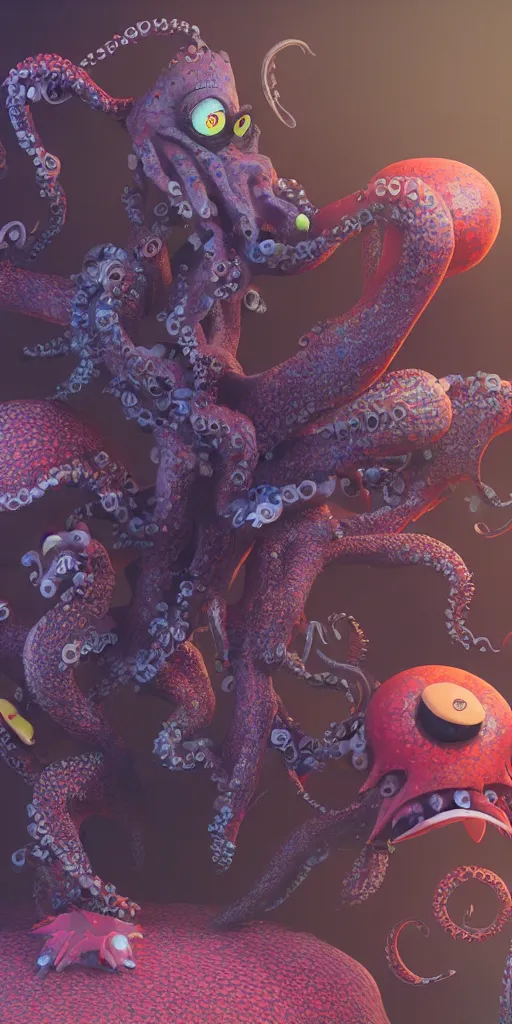 Prompt: a strange bird octopus chimera creature waiting for the bus with other monsters, in the style of shaun tan and sam shearon, close up, glossy, beautiful, fantastic, wonderful, dramatic lighting, candy colours, high contrast, 3 d sculpture 8 k octane render