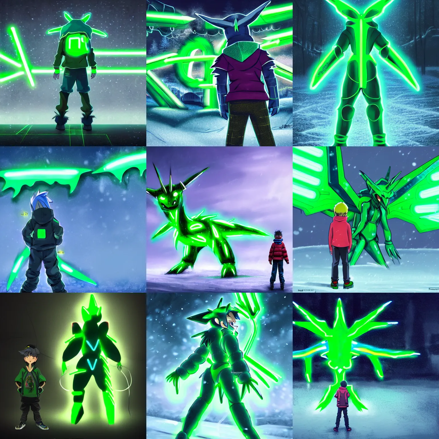 Prompt: a boy in winter clothing, standing in front of a big neon green metallic dialga, concept art, digital art, very detailed, anime, back - shot, realistic, d & d, pokemon, 8 k hd