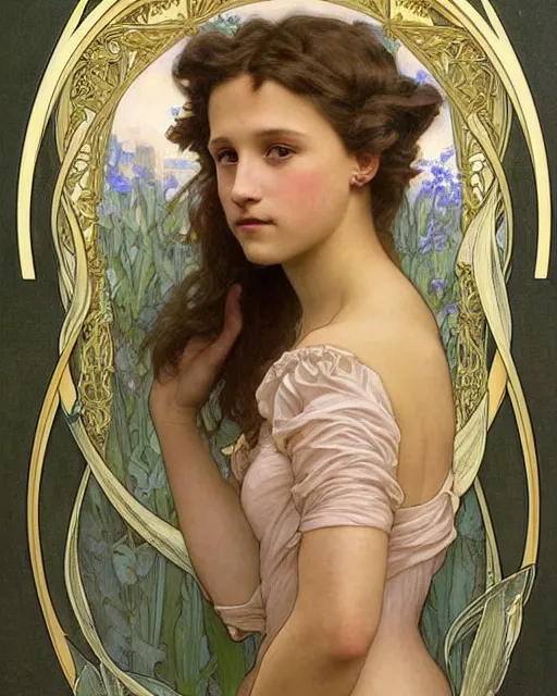 Prompt: an art nouveau portrait painting of a shy, blushing 1 6 - year old alicia vikander or millie bobby brown as a princess lying among flower petals, hair fanned around, intricate, elegant, highly detailed, artstation, concept art, by krenz cushart and donato giancola and william adolph bouguereau and alphonse mucha