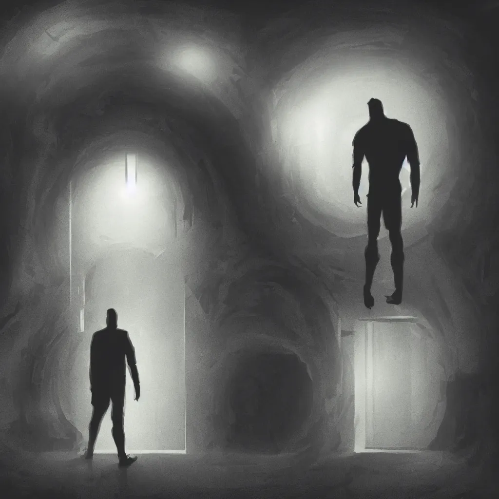 Image similar to a silhouette of a man standing before a glowing doorway portal in the middle of a dark laboratory, movie poster, cinematic lighting, sci - fi concept art, movie concept art, cinematic framing, blockbuster movie poster