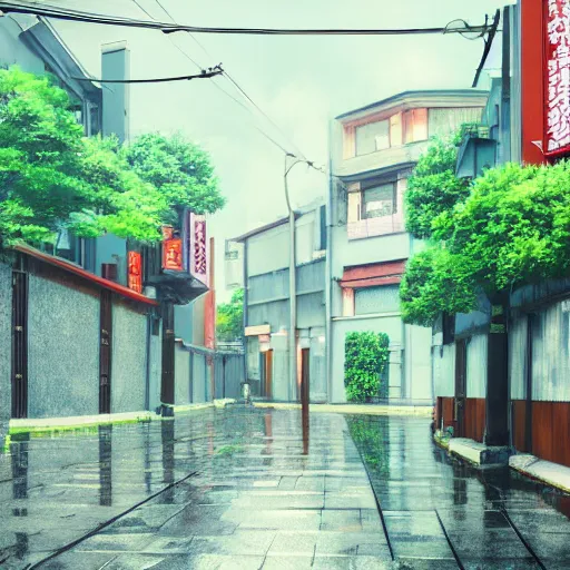 Image similar to anime tokyo residential quiet street scenery only wallpaper aesthetic, rainy scene, beautiful, dreamy