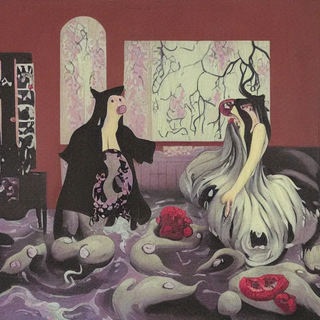 Image similar to tall female emo artist wearing a pig mask in her flooded apartment, mushrooms, octopus, water gushing from ceiling, painting of flood waters inside an artist's apartment, a river flooding indoors, pomegranates, ikebana, zen, rapids, waterfall, black swans, canoe, berries, acrylic on canvas, surrealist, by magritte and monet