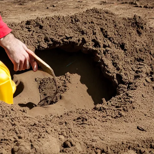 Prompt: a guy digging a hole and having a lot of fun