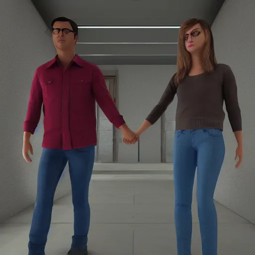 Image similar to highly detailed full body unreal engine 5 render of a woman and a man holding hands